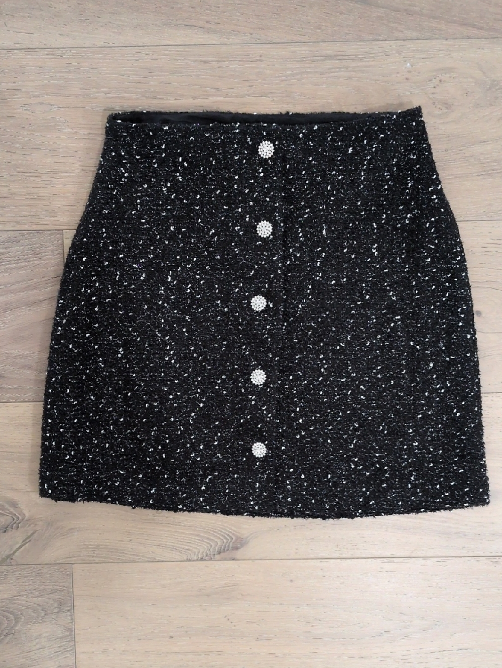 Express Black Tweed Mini Skirt with Rhinestone Buttons